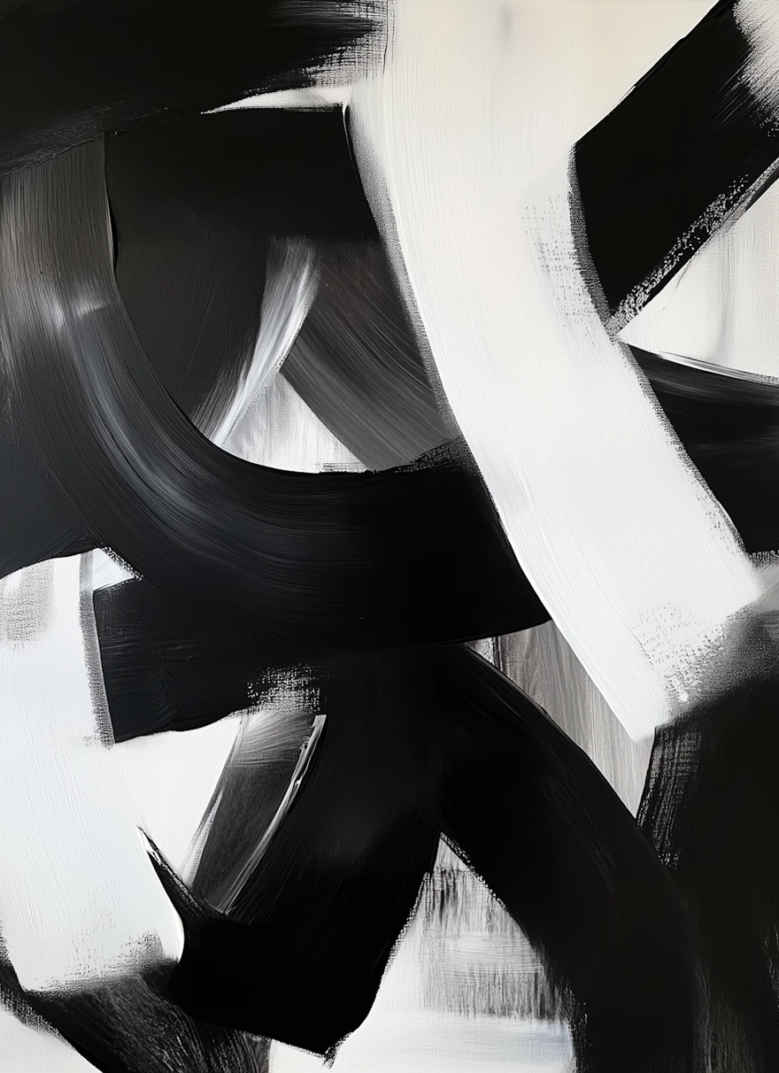 Abstract painting featuring bold black and white stripes creating a dynamic visual contrast.