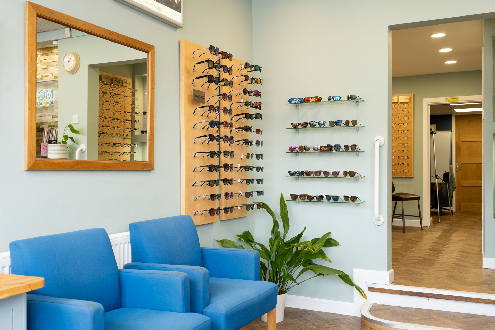 Optician interior with two blue armchairs, a wooden-framed mirror, multiple racks displaying eyeglasses and sunglasses, a green potted plant, and light blue walls.
