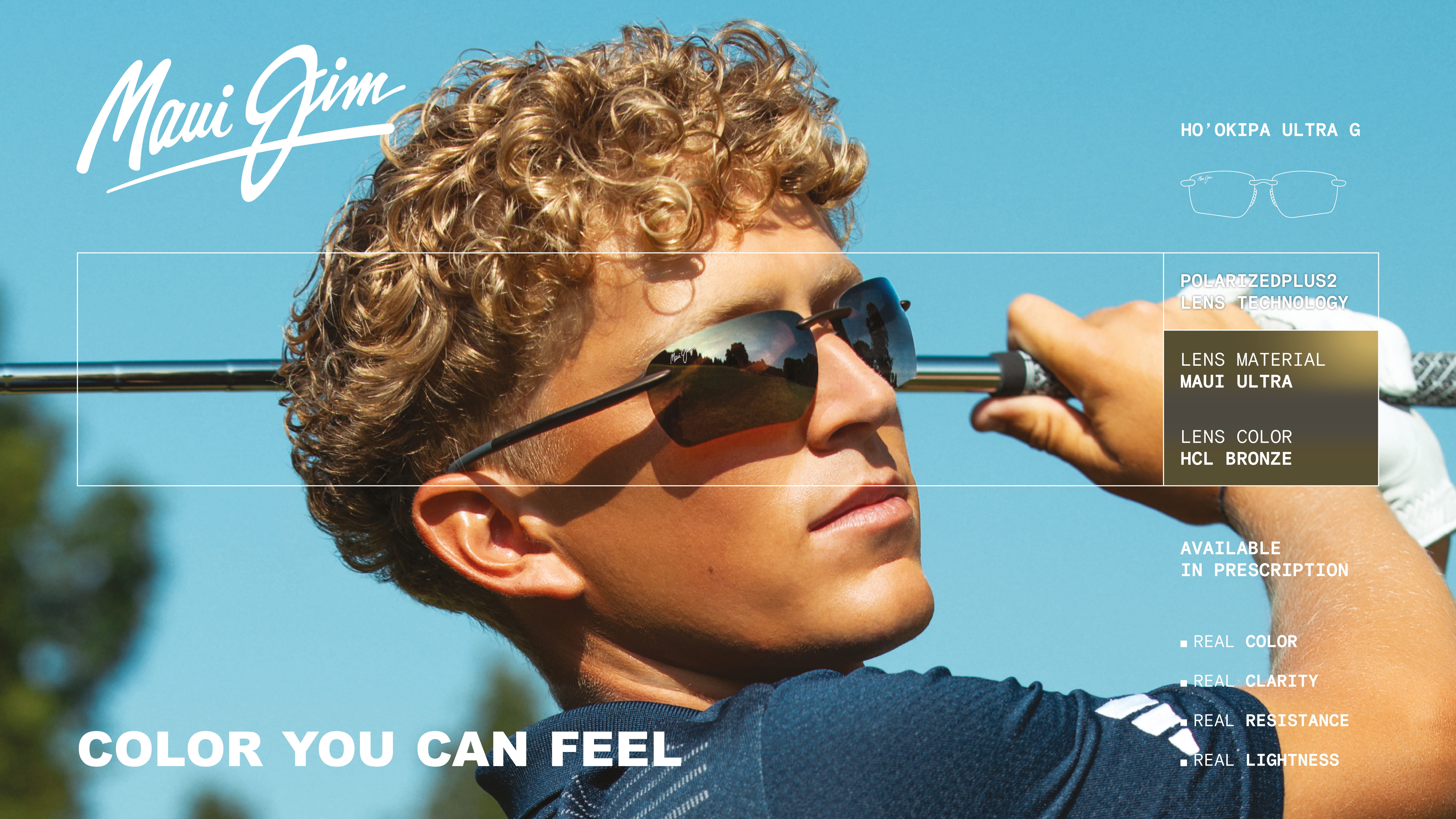 Young man with curly blonde hair wearing Maui Jim Ho'okipa Ultra G sunglasses with bronze lenses, holding a golf club behind his head against a clear blue sky backdrop, promoting polarized lens technology with text 'Color You Can Feel'.