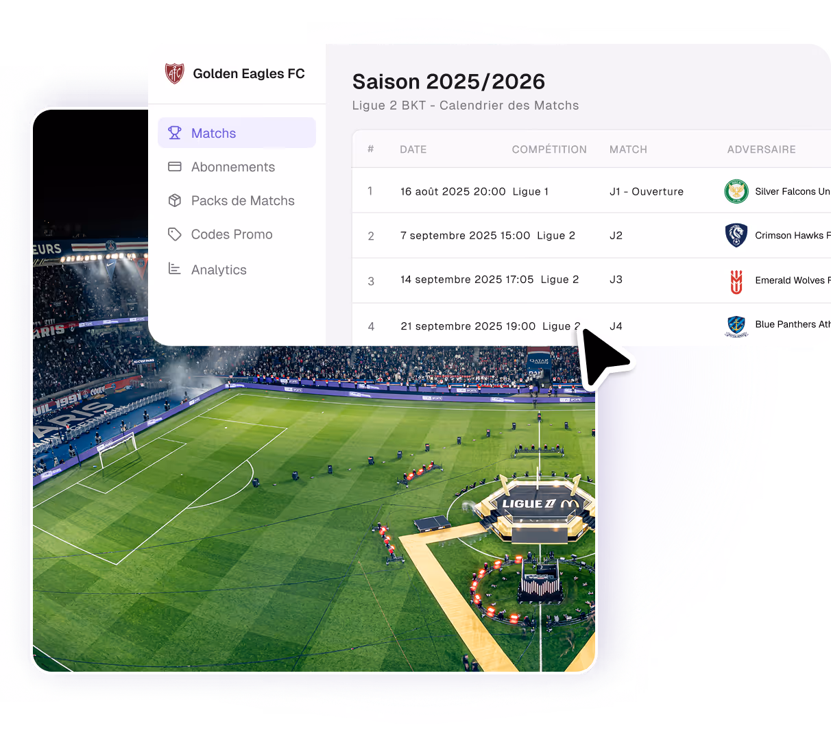 Vue aérienne du stade PSG rempli avec un graphique montrant les revenus des ventes de billets sur six mois, soulignant avril, et liste des ventes totales des clubs FC Clairval, Gladiateurs de Verdeterre et Indomptables de Boisé rable avec montants en euros.