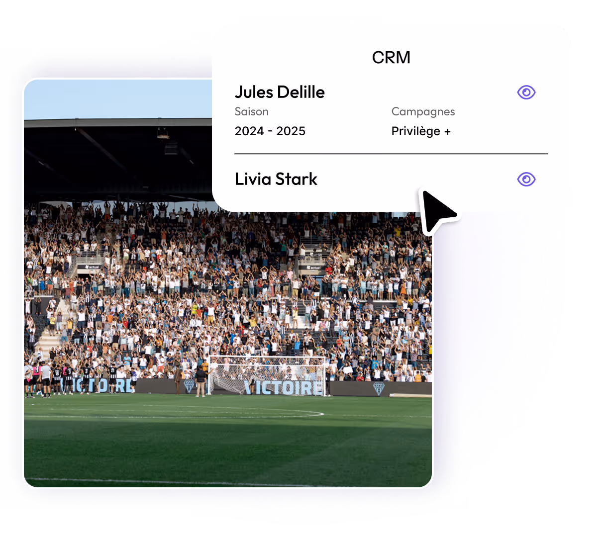 Joueur de hockey sur glace en maillot bleu avec logo de flamme jouant, avec graphiques affichant les ventes totales de matchs et les revenus des ventes de billets sur six mois.