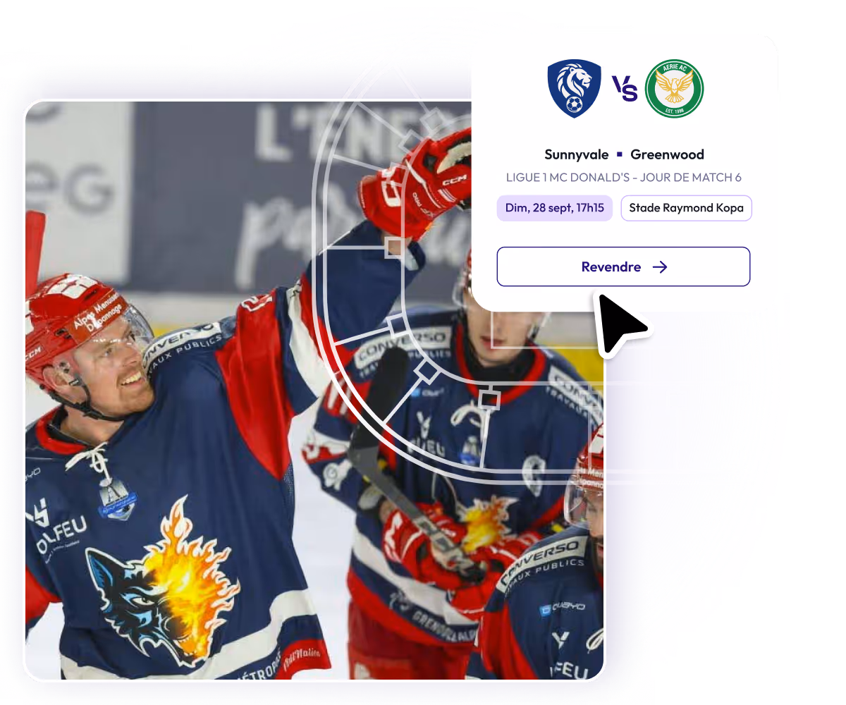 Stade de football avec une foule nombreuse dans les gradins, survolé par des fenêtres d'interface montrant un match Rovers de Riveclaire contre FC Villeaile et un graphique des revenus des ventes de billets pour les six derniers mois.