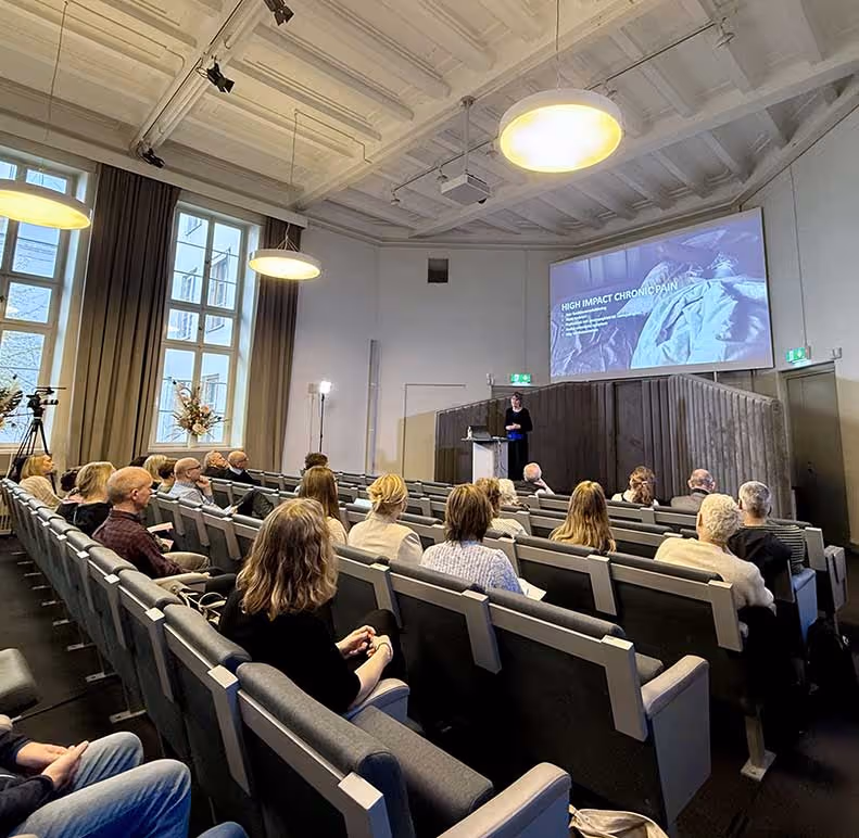 Föreläsning i ett auditorium med flera personer som lyssnar på en talare vid en podium framför en skärm med presentation om kronisk smärta.