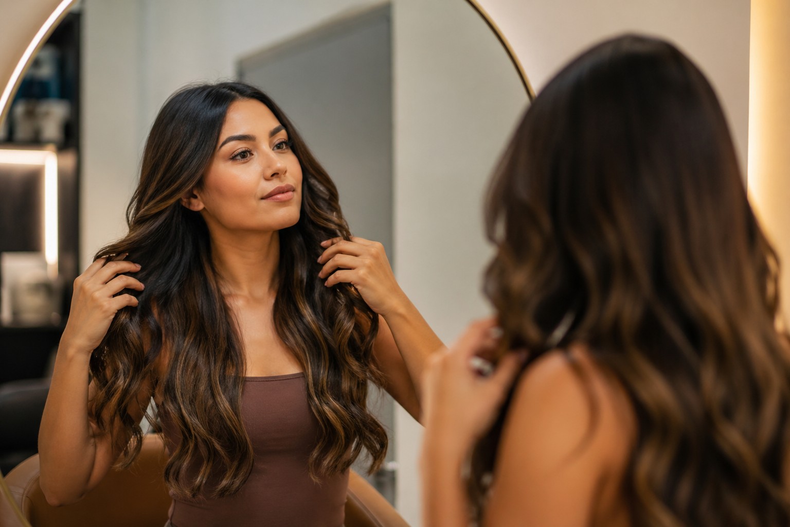 Woman styling long hair extensions in a mirror — reasons people get hair extensions