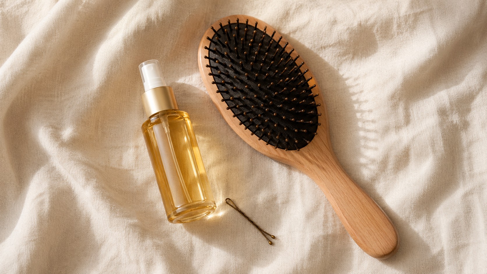 Lightweight hair products and brush on cream linen — simple everyday styling tips