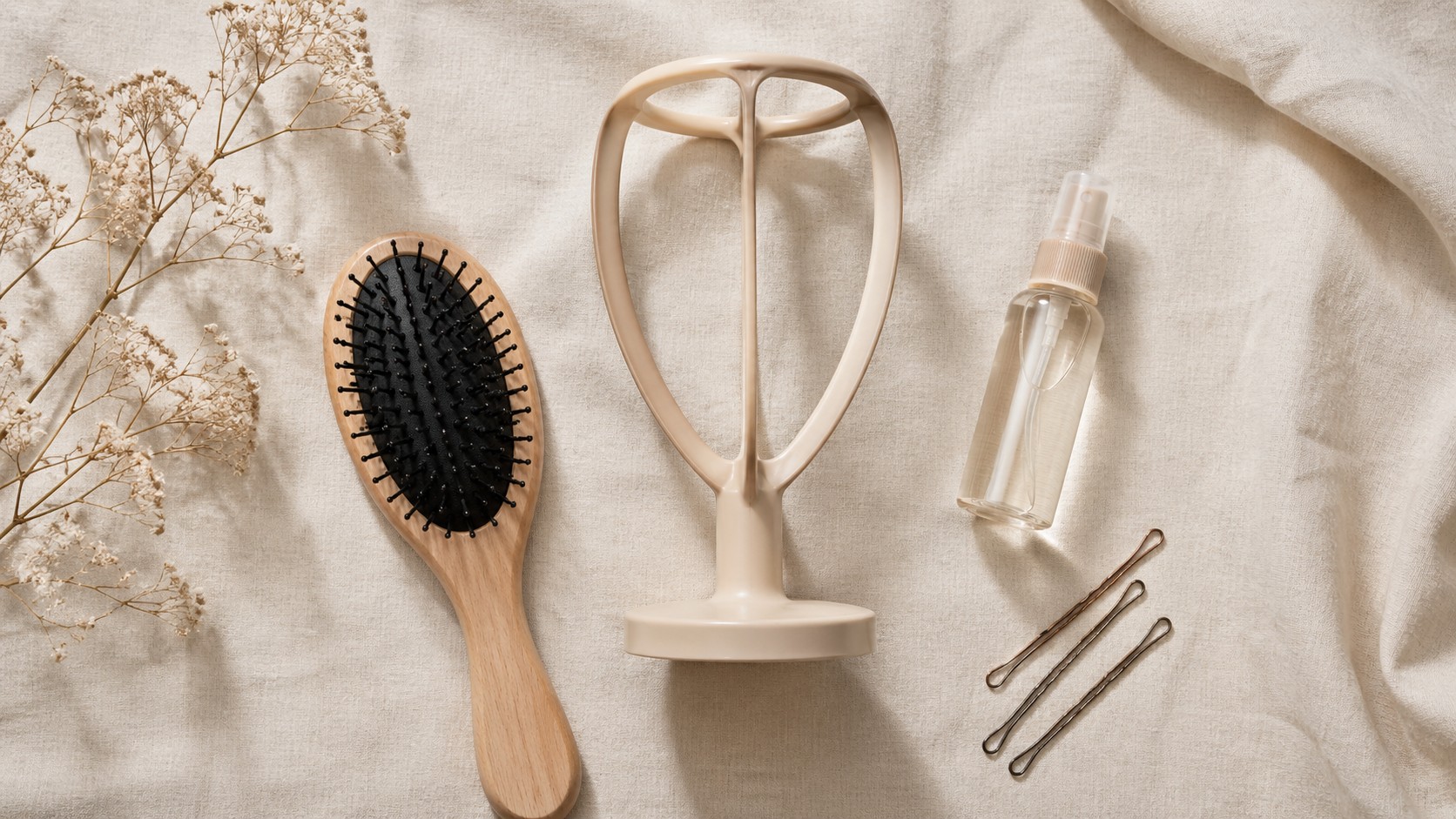 Wig care routine accessories on cream linen — beginner wig maintenance tips