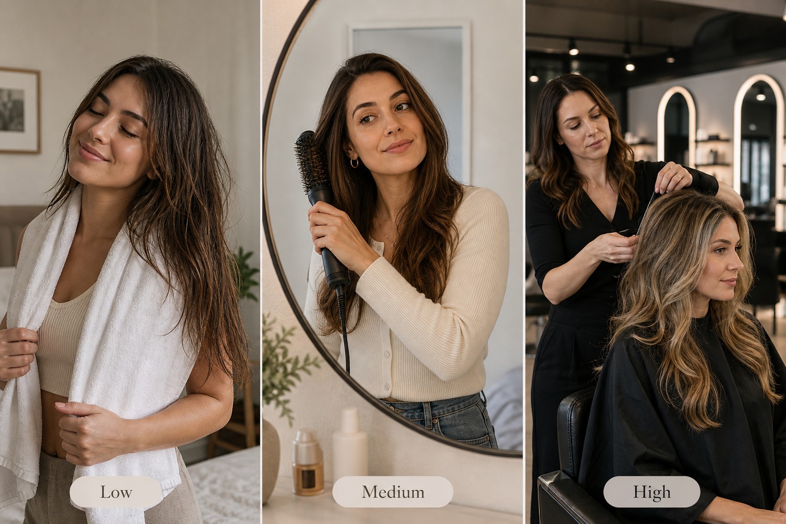 Hair maintenance levels — low, medium, and high — and what each requires day to day.