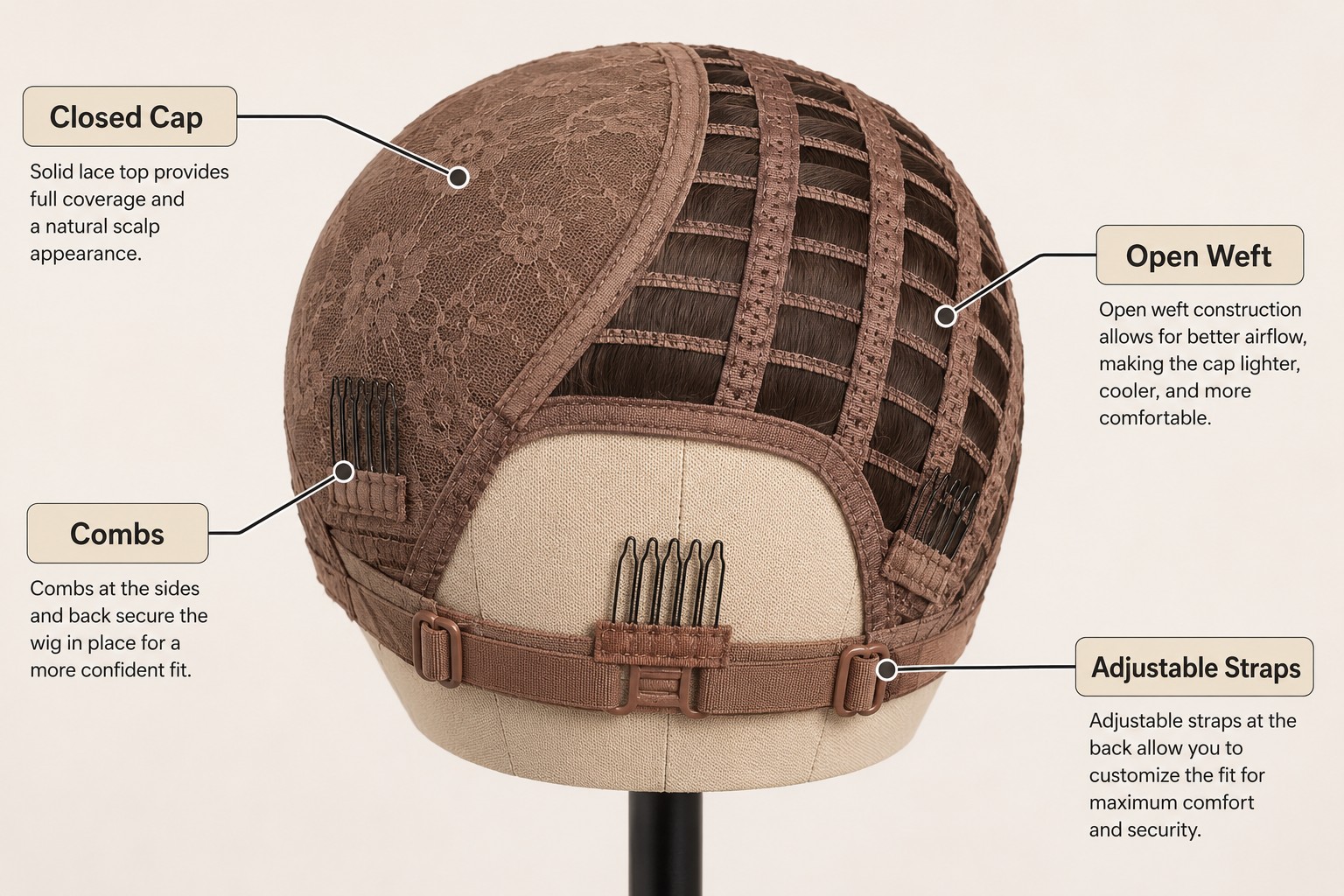 Wig cap construction — closed cap, open weft, adjustable straps and combs that control fit, comfort, and security.