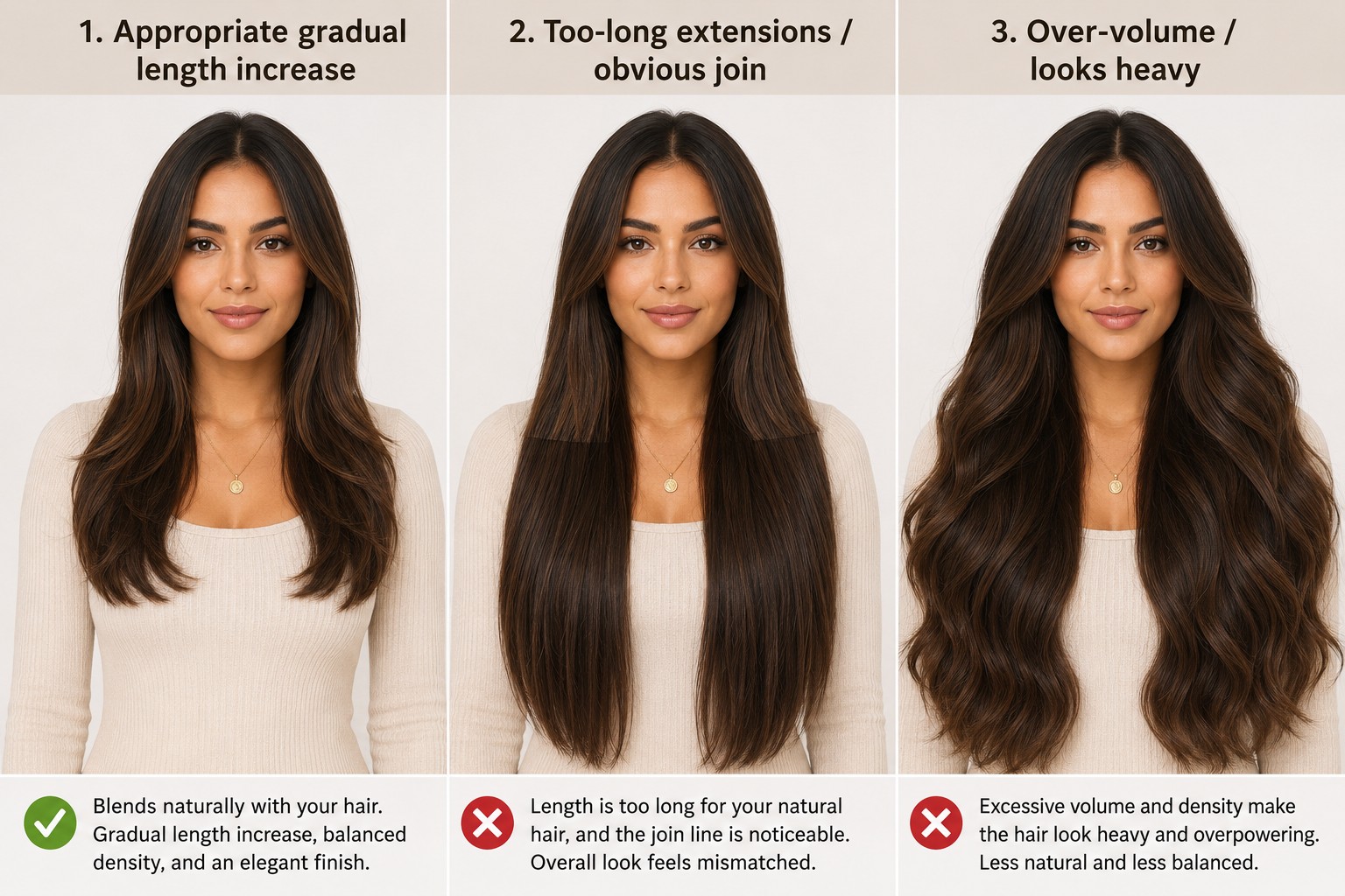 Hair extension length and volume — gradual length flows naturally, while extreme jumps look obviously fake.
