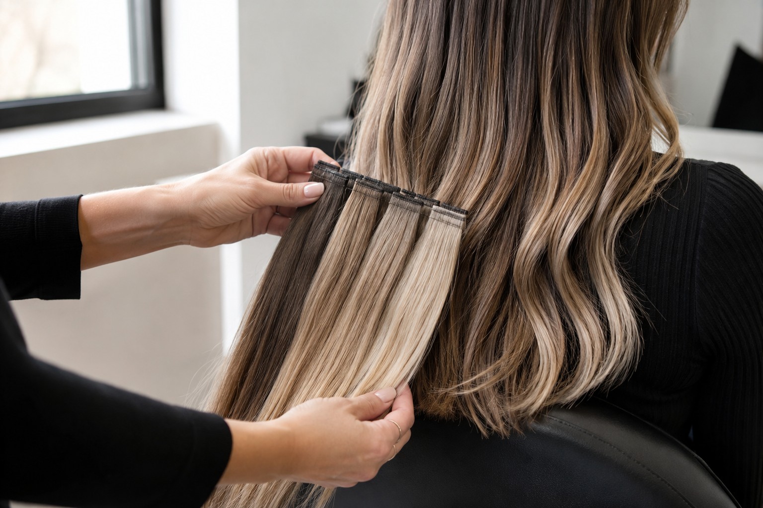 Color matching hair extensions to the mid-lengths and ends of your hair, viewed in natural daylight.