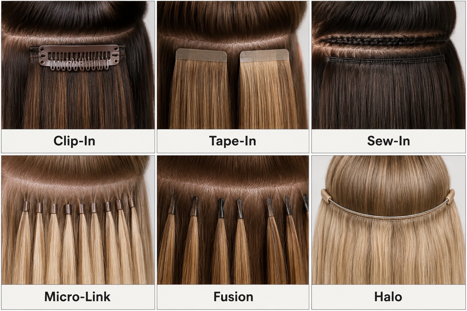 Hair extension application methods compared — clip-in, tape-in, sew-in, micro-link, fusion, and halo.