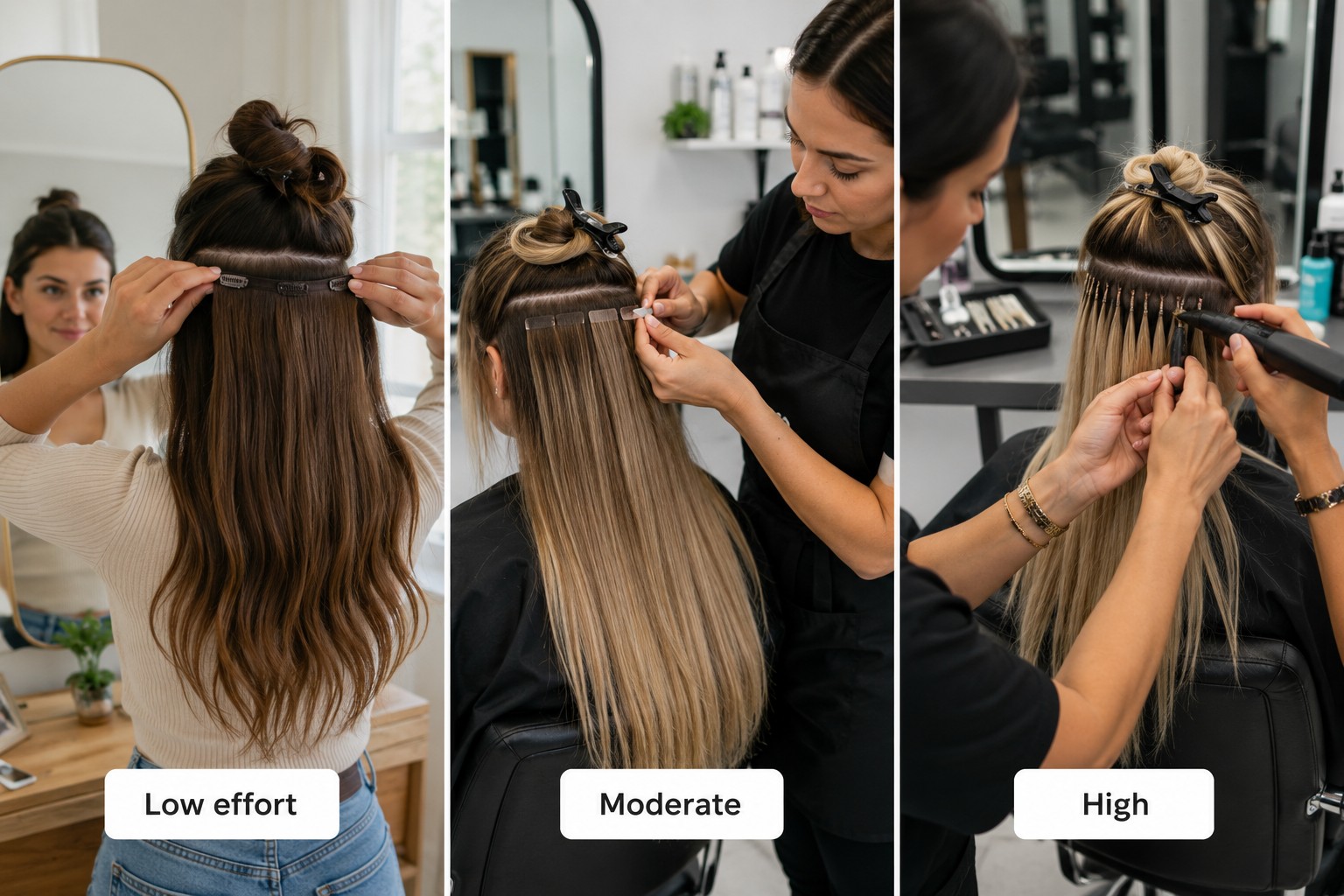 Hair extension maintenance levels — low effort clip-ins, moderate tape-ins, and high commitment fusion extensions.