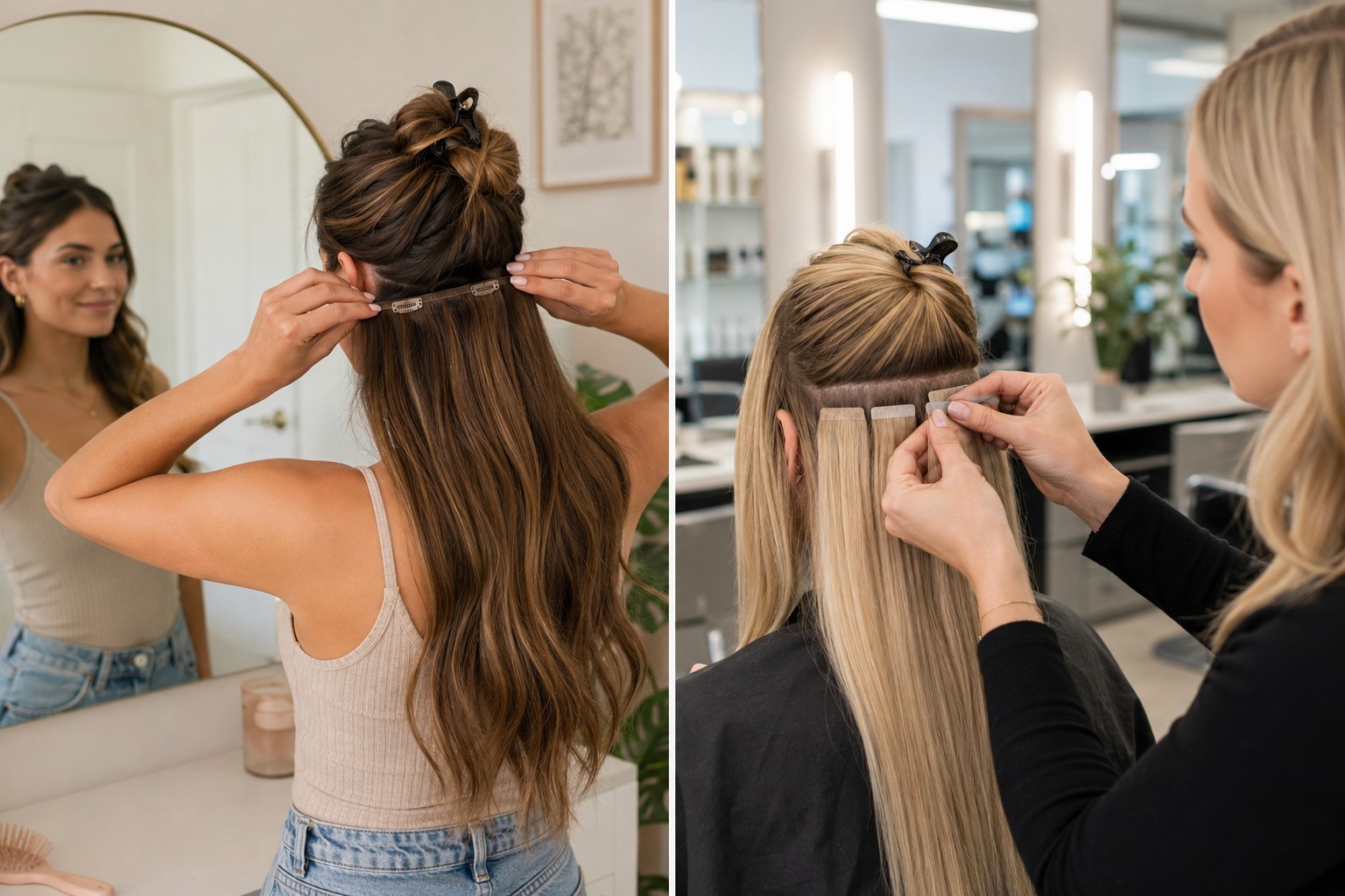 Clip-in vs tape-in extensions — clip-ins applied at home versus tape-ins applied by a stylist in a salon.
