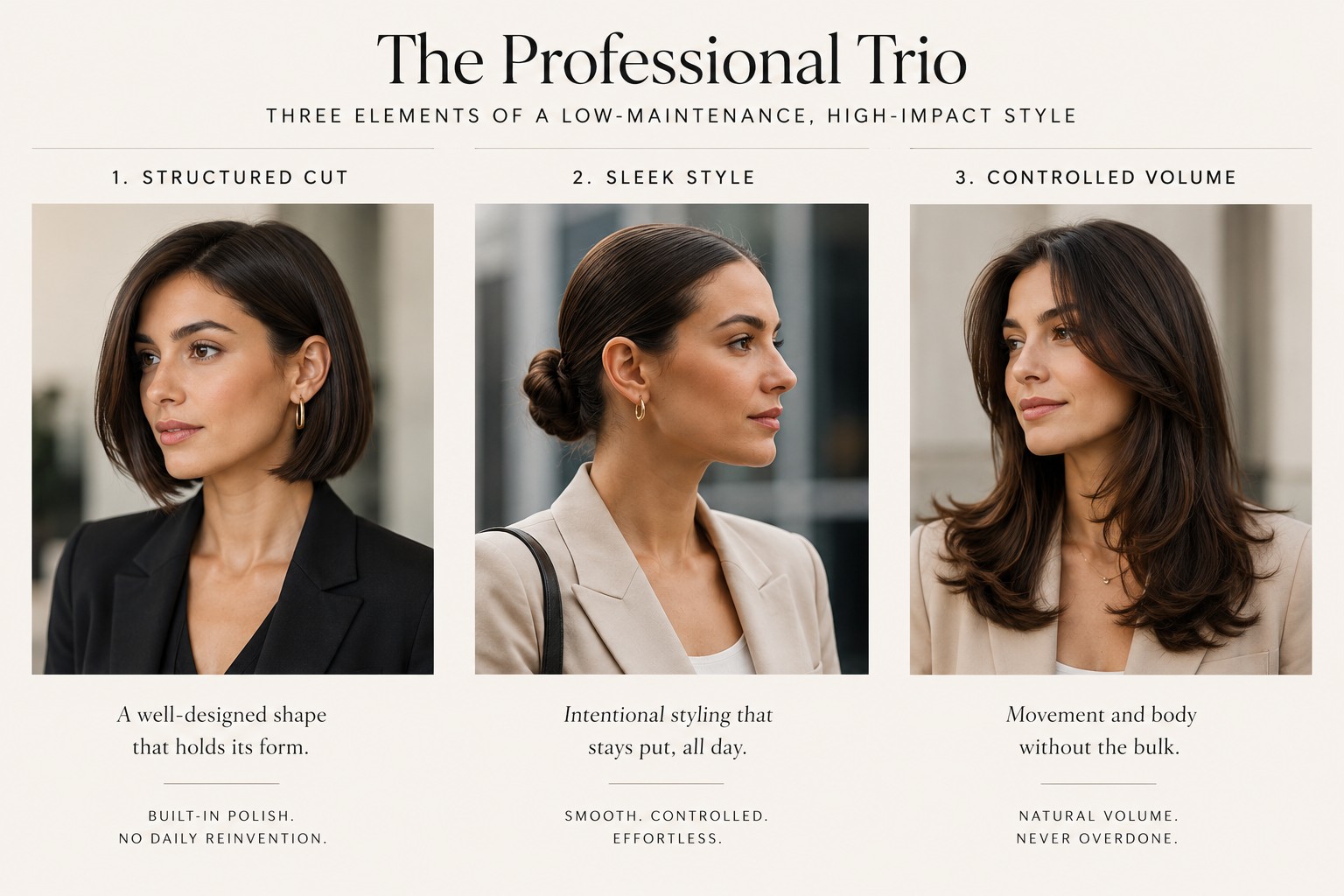 Three professional-friendly hairstyle types — structured cuts, sleek styles, and controlled volume that hold shape with minimal effort.