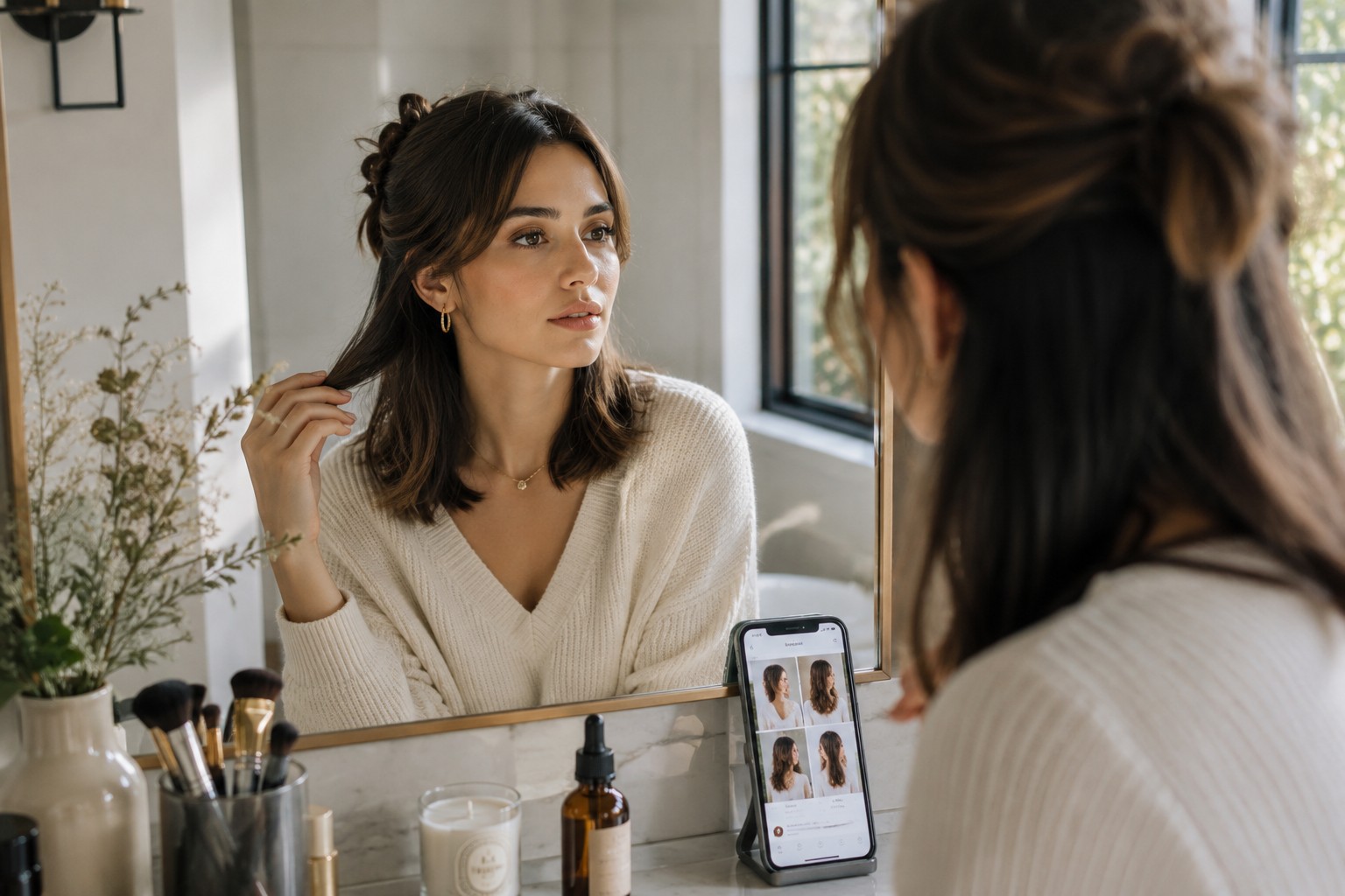 Testing a hairstyle before committing — a real-world trial run before the salon.
