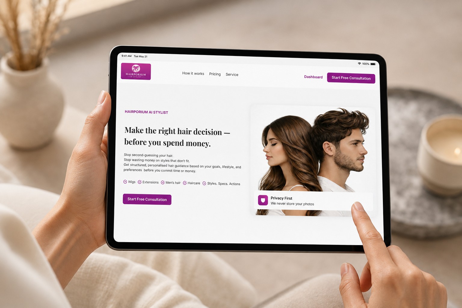 Hairporium AI Hair Stylist — a structured hair consultation platform, not just a virtual try-on.