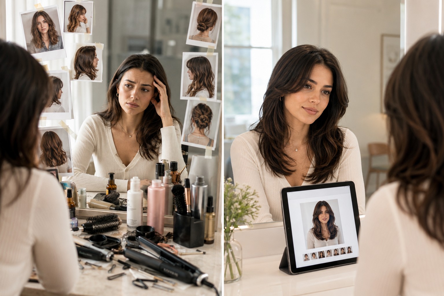 Before and after — the difference between guessing at a hairstyle and choosing one with confidence.