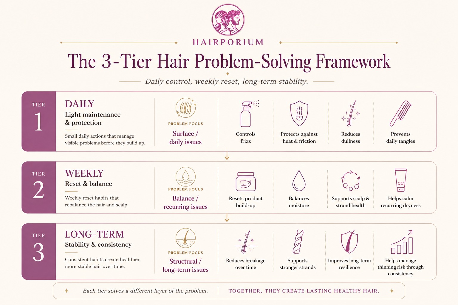Building a problem-solving hair routine — daily, weekly, and long-term care that addresses real causes.
