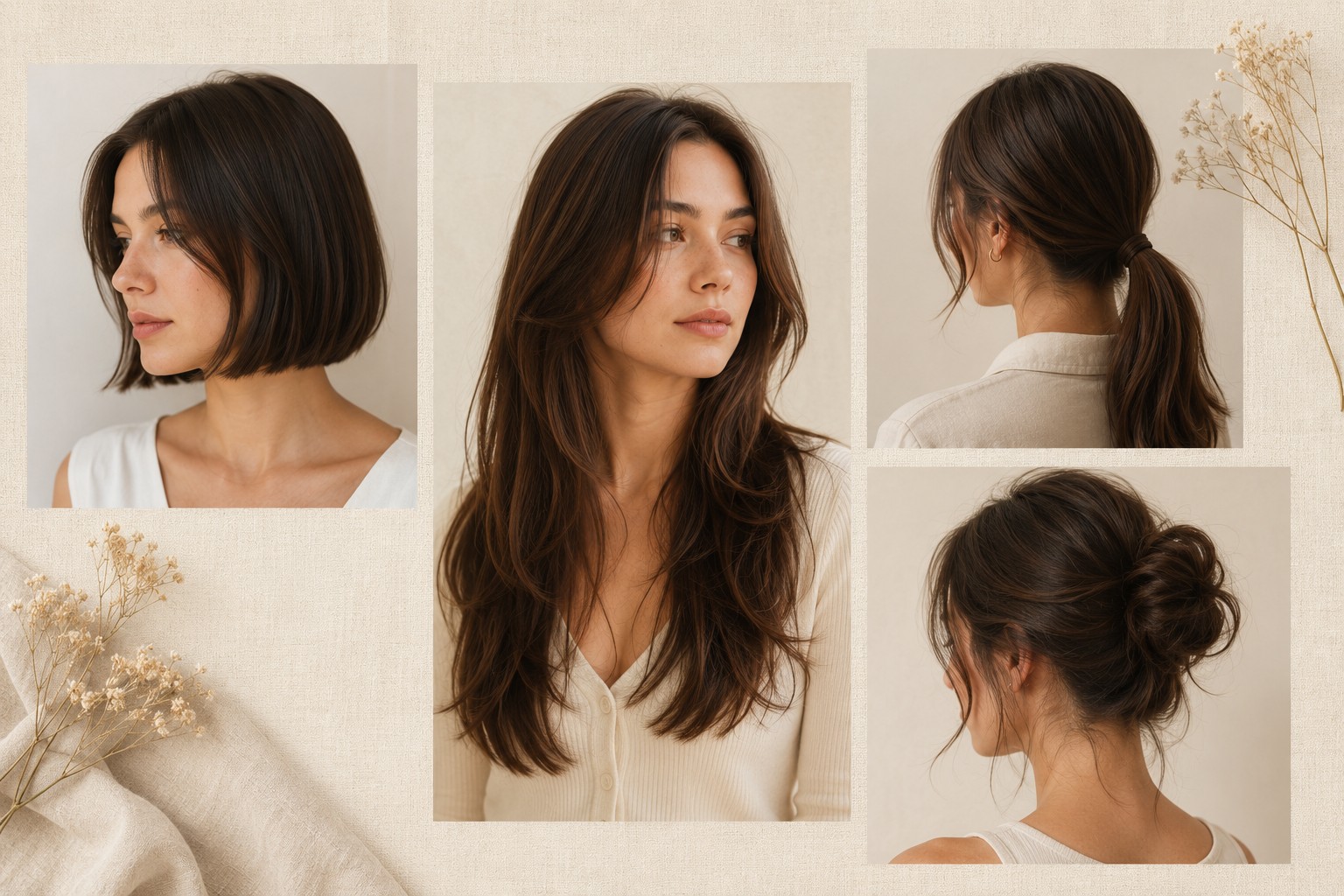 Seven hairstyles that require minimal styling — blunt bob, long layers, shoulder-length, natural waves, low ponytail, loose braid, and simple bun.