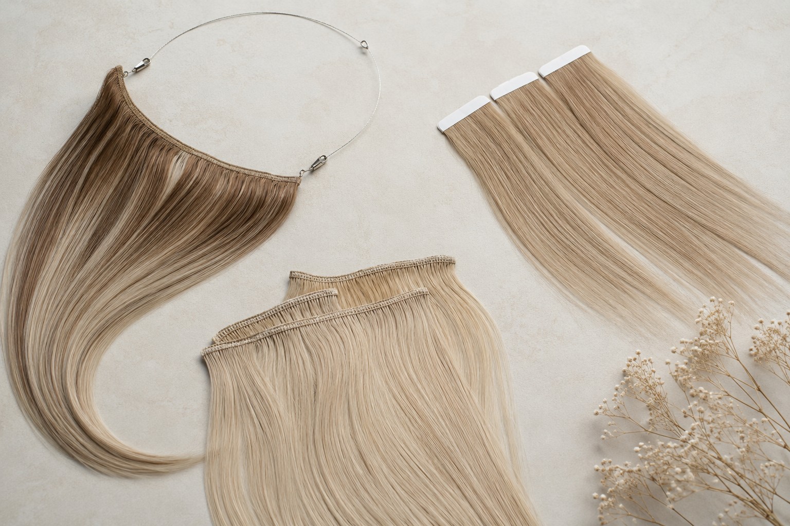 Lightweight hair extensions for thin hair — halo, tape-in and hand-tied options laid out to show how fine, low-weight wefts add volume without strain.