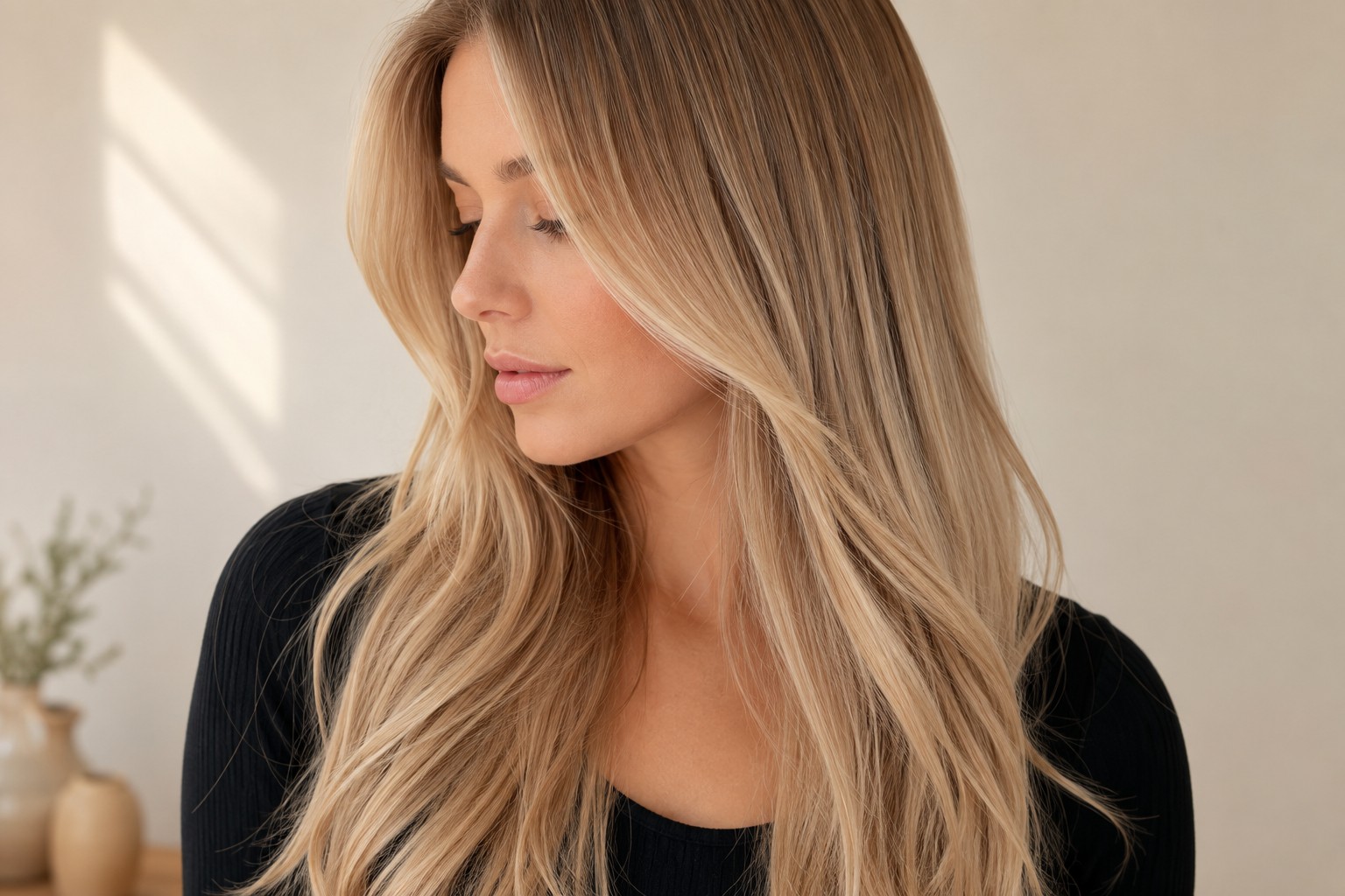 Hair extensions blended into thin hair at the mid-lengths, showing a close colour match and believable length that keeps the join invisible.