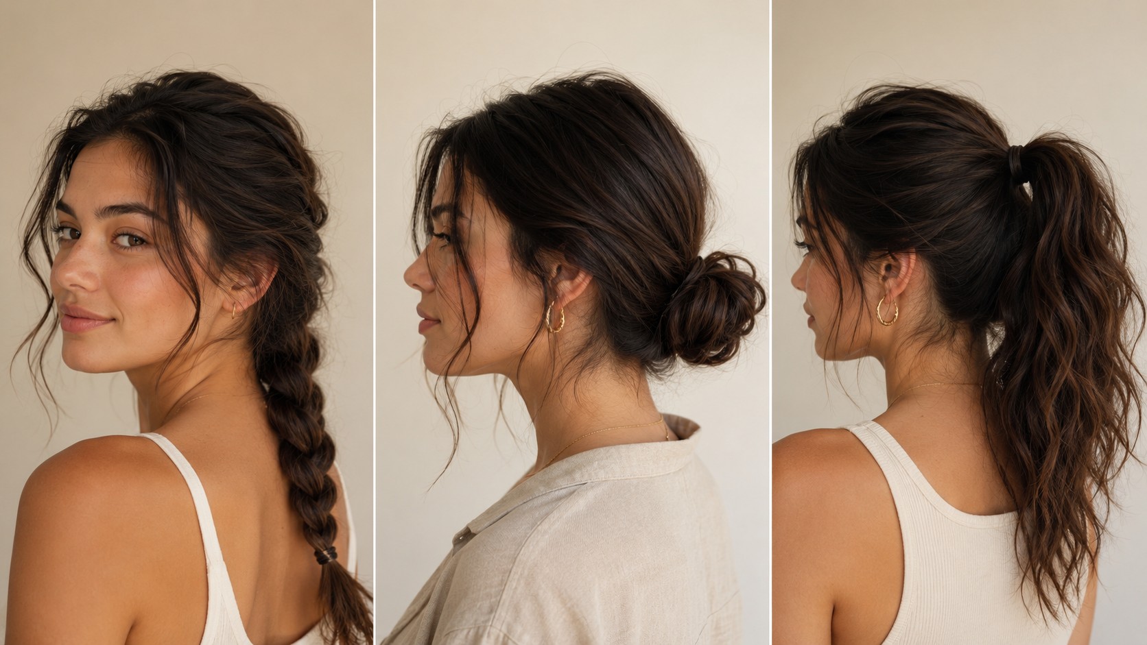 Examples of humidity-proof hairstyles — low bun, braids and a textured ponytail that stay contained and natural in humid conditions.