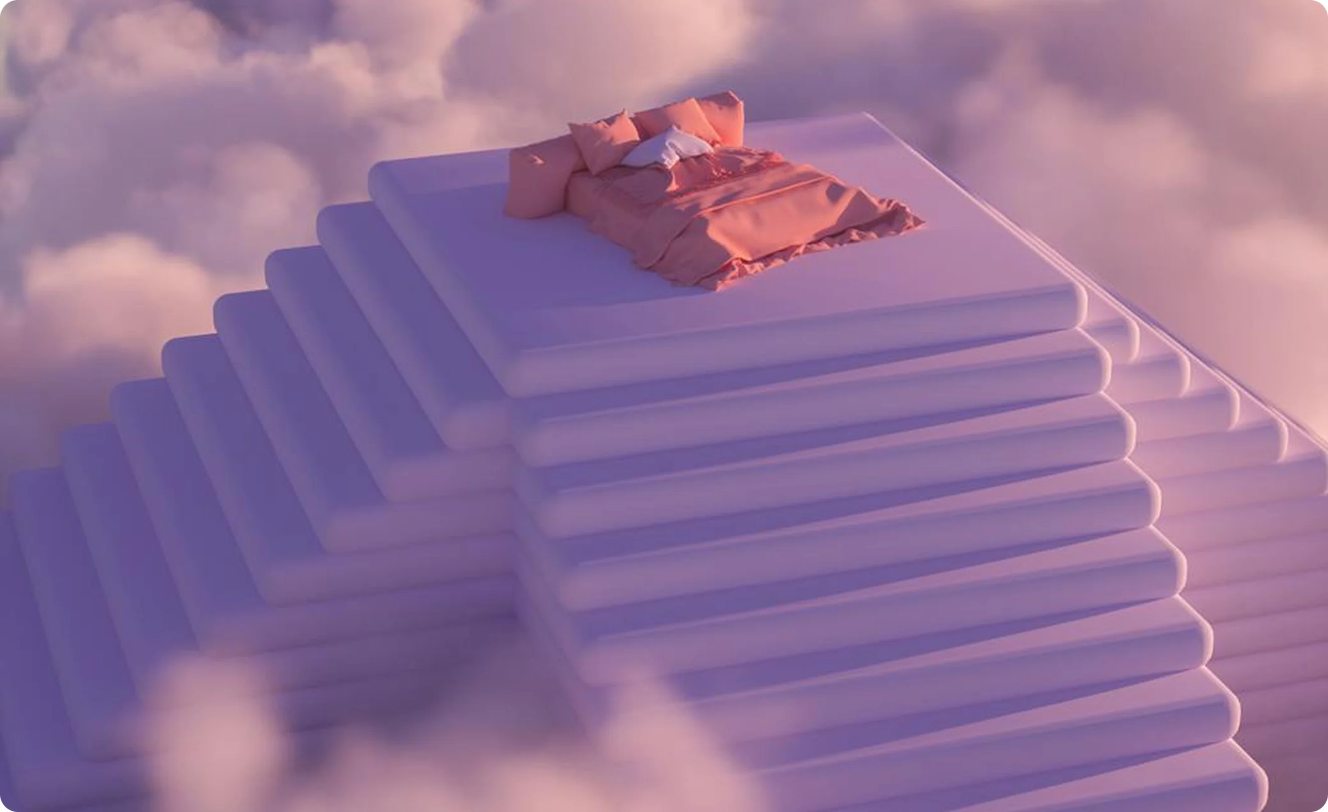 A pink bed with pillows and a blanket sits atop a large stack of oversized mattresses surrounded by soft clouds.