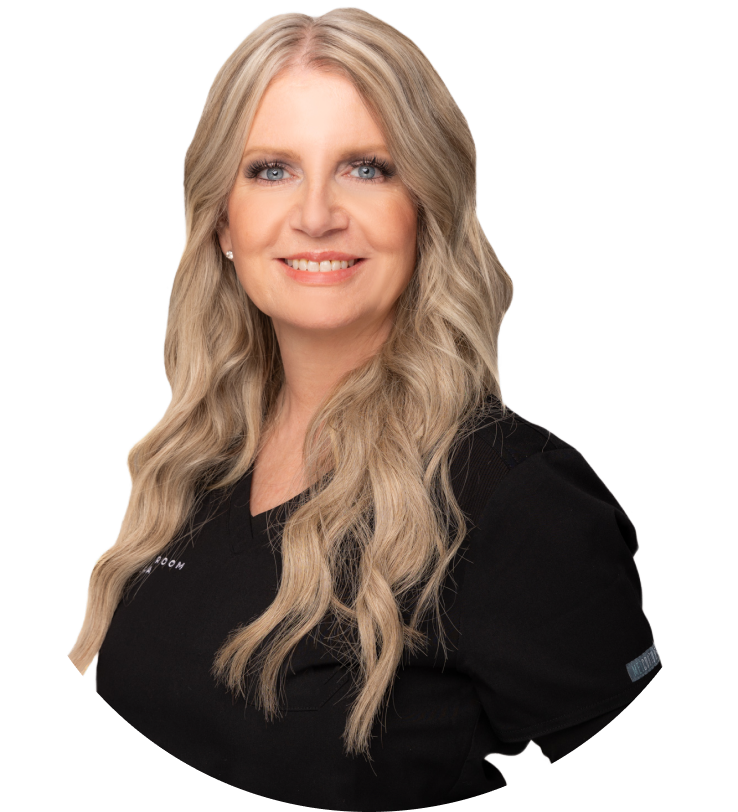Smiling woman with long wavy blonde hair wearing a black top against a transparent background.