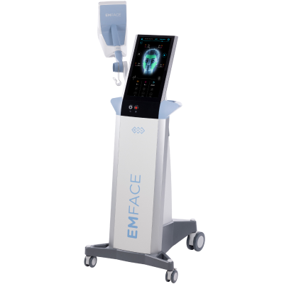 EMFACE medical device with touchscreen displaying a facial scan, mounted on a wheeled stand.