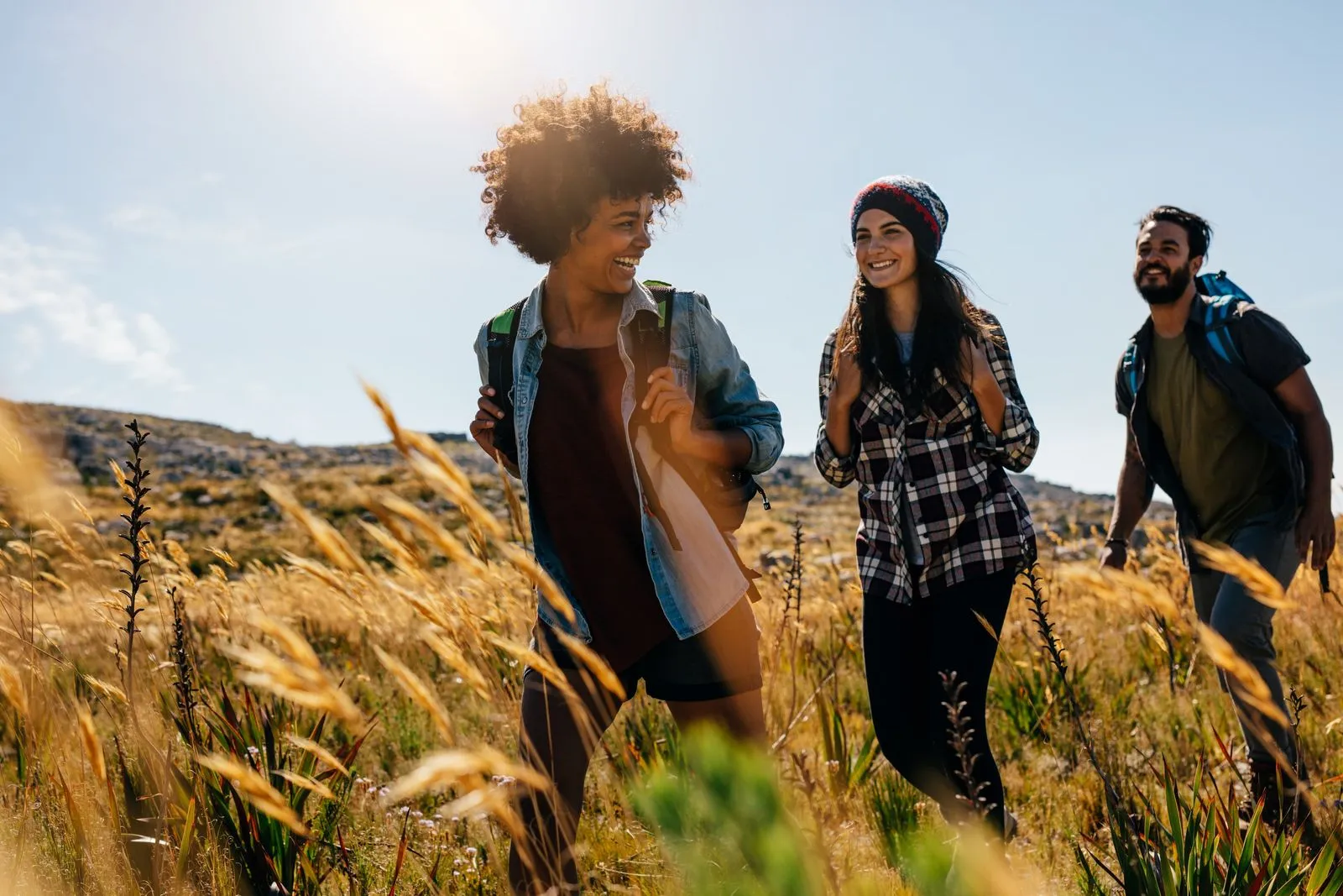 A group of people walking through a field of tall grass.