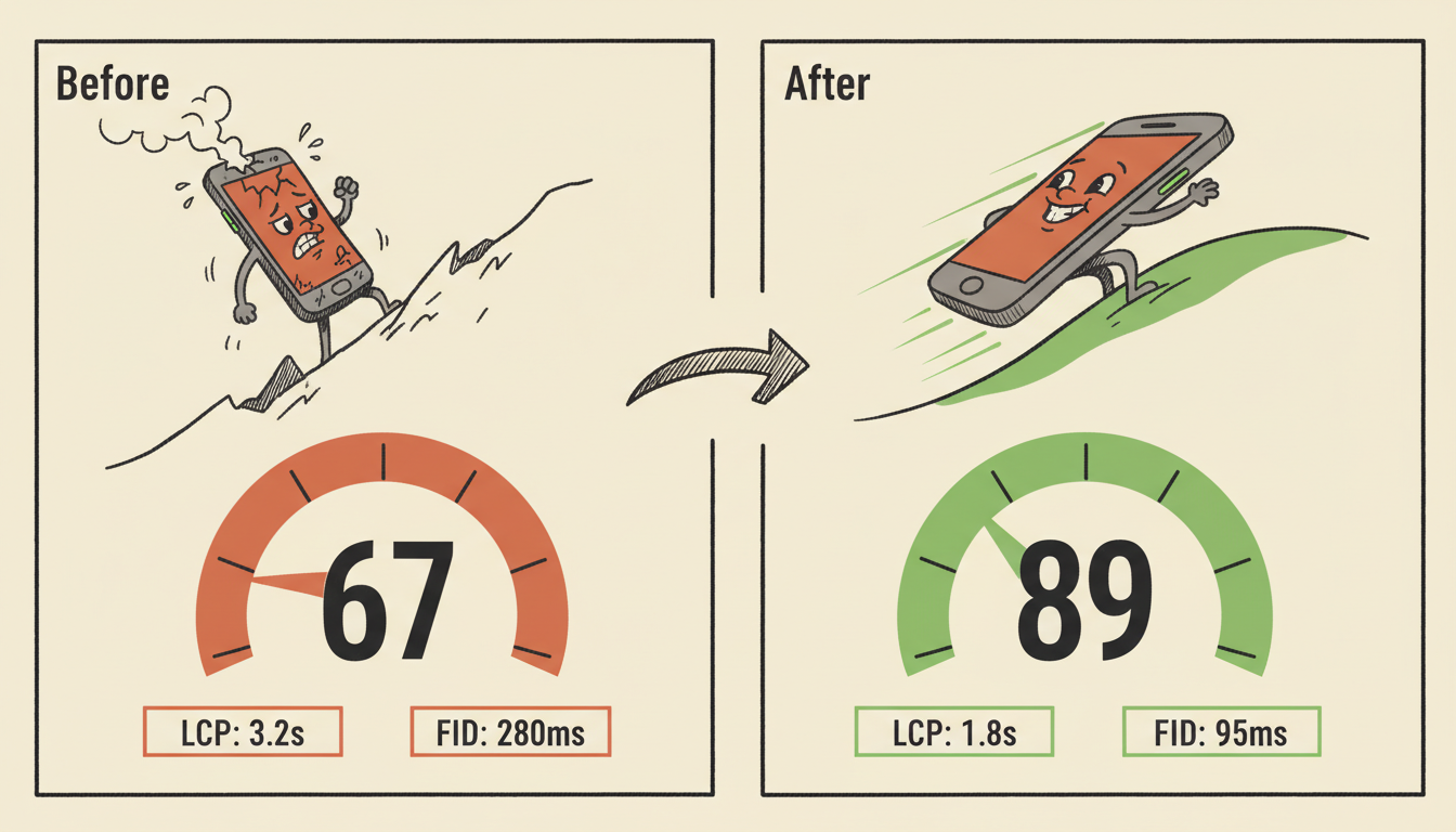 Side-by-side comparison of two PageSpeed Insights mobile scores: left side showing 'Before: 67' with