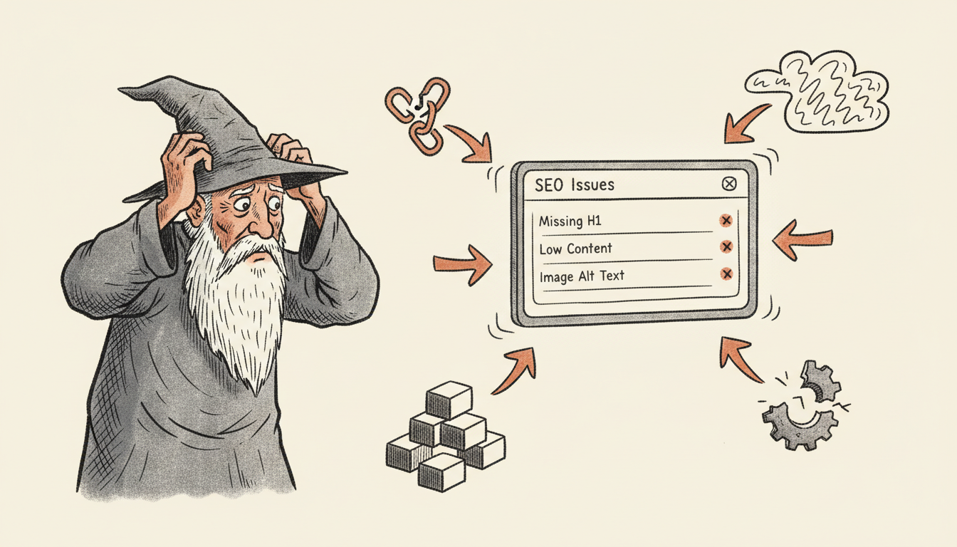 Screenshot of Webflow's site audit panel interface showing a list of SEO issues, with red annotation