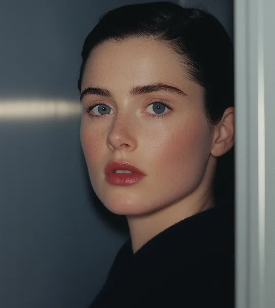 Close-up portrait of a woman with fair skin, blue eyes, dark hair pulled back, and pink lips looking towards the camera.