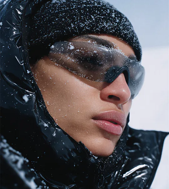 Close-up of a person wearing tinted protective glasses, a black beanie, and a shiny black jacket with snowflakes on the face and clothing.