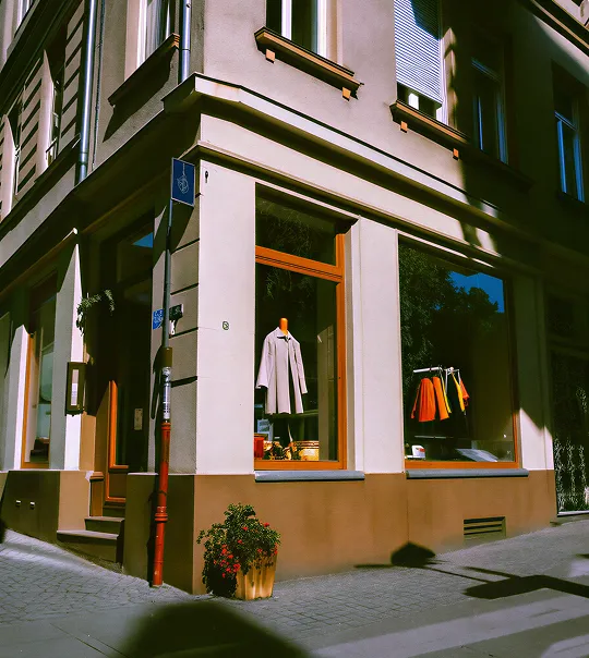 Corner storefront of a clothing shop with a beige coat on a mannequin displayed in the window and colorful garments hanging inside.