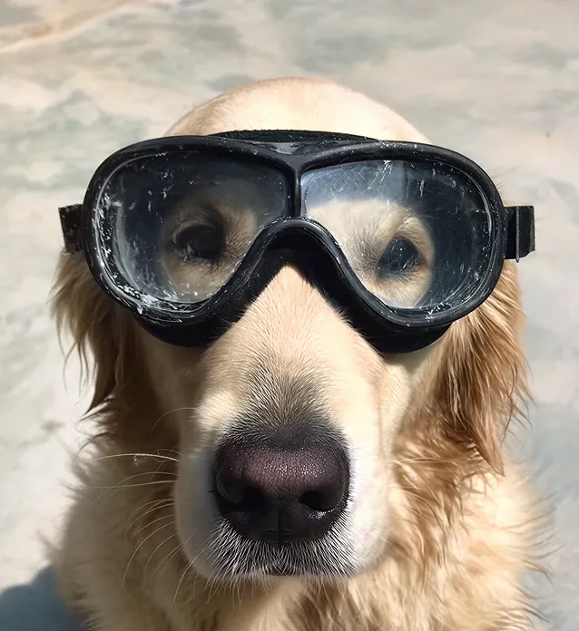 Golden retriever dog wearing black goggles with a cloudy background.