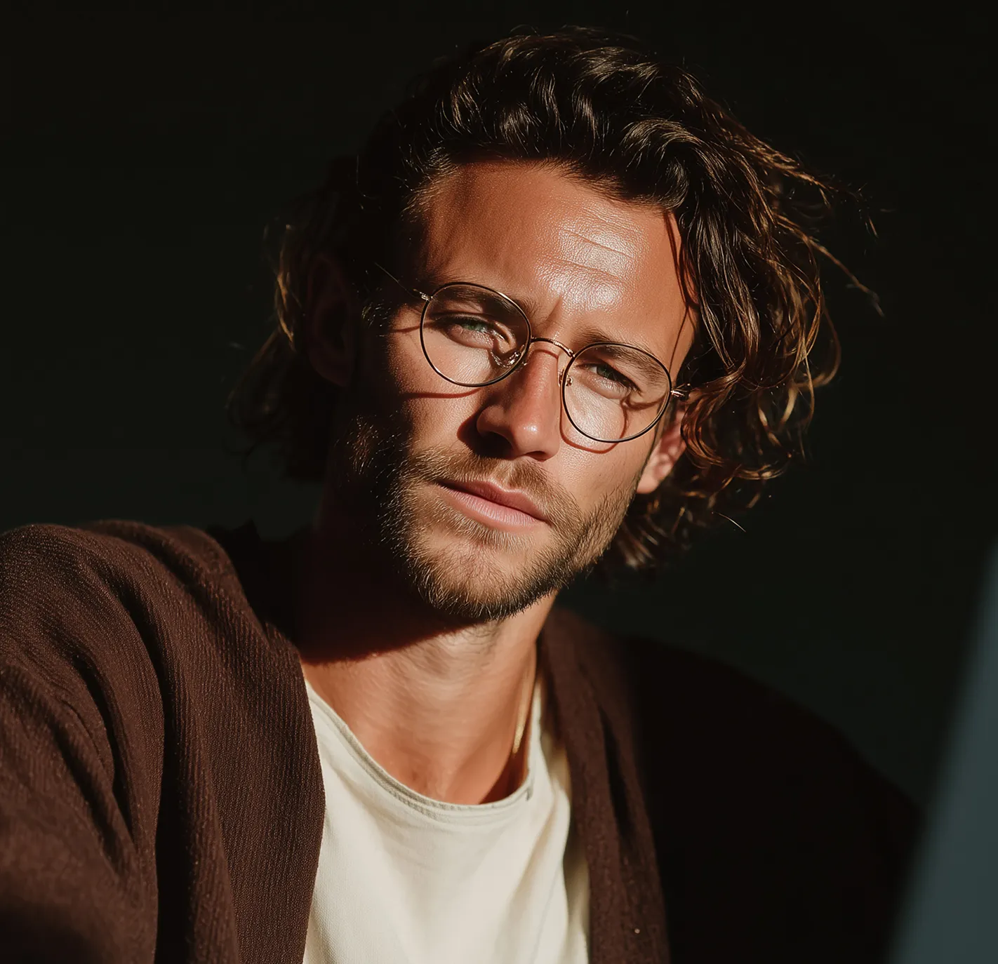 Man with wavy hair and round glasses wearing a brown sweater and white shirt against a dark background.