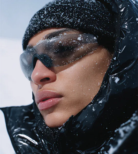 Close-up of a person wearing a black beanie, dark goggles, and a shiny black hooded jacket with snowflakes on their face and clothing.