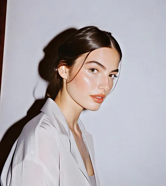 Portrait of a young woman with dark hair tied back, wearing a light-colored blazer, against a plain light background.