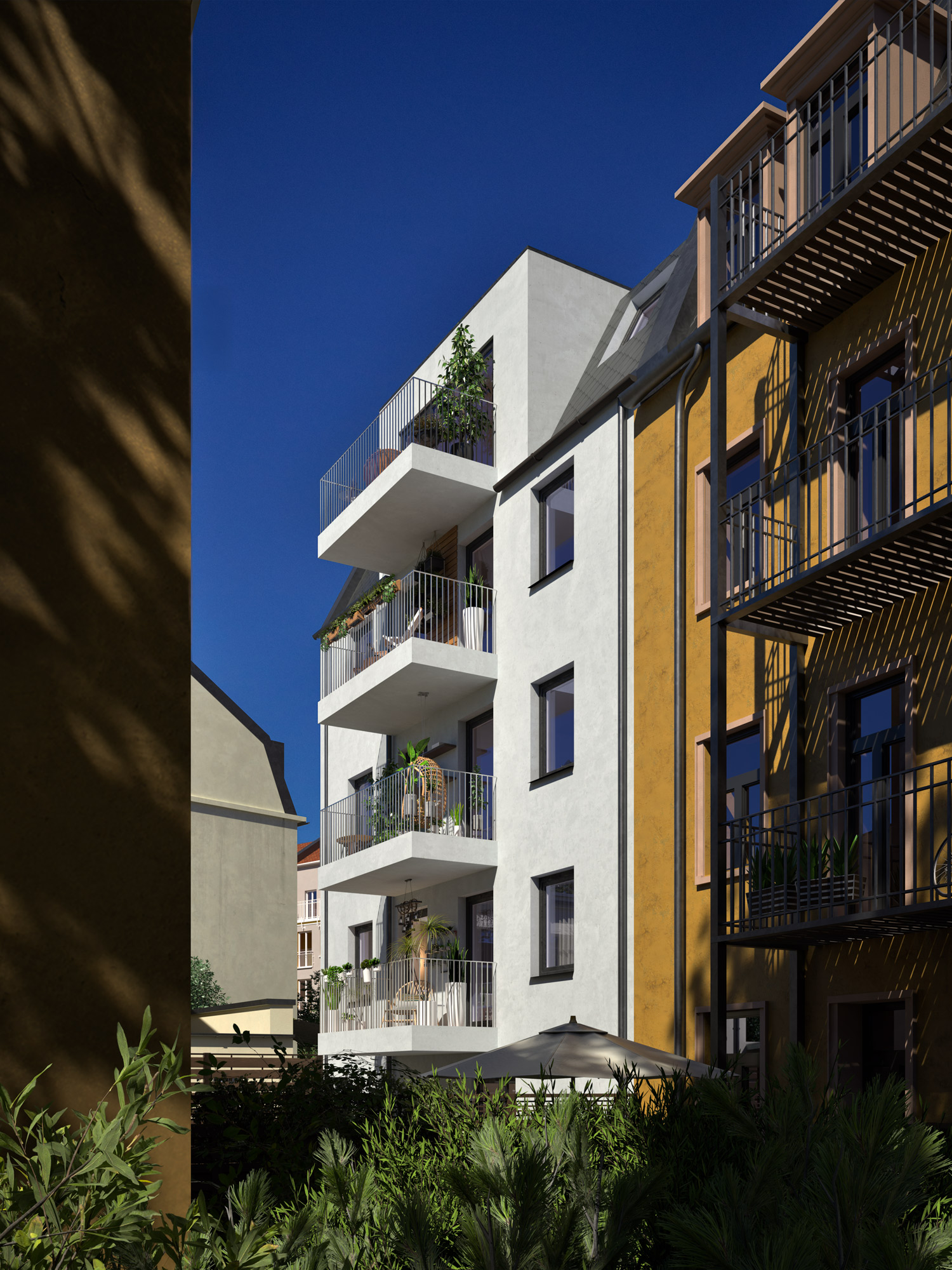 Person with short hair and a knitted sweater raising a hand toward a low-flying airplane in a clear blue sky.