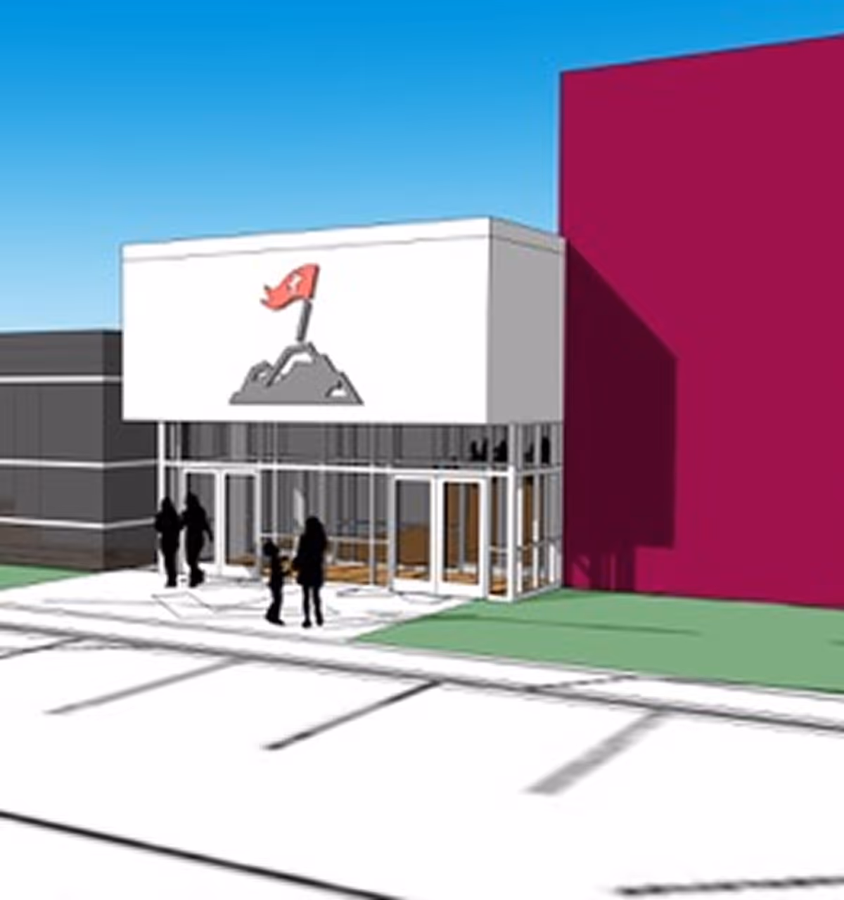 A drawing of a building with people walking in front of it.