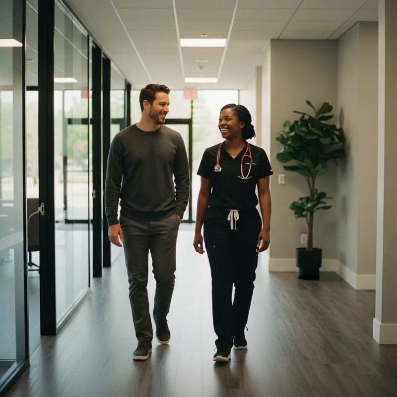 A patient walking with an AllCare provider inside a clinic
