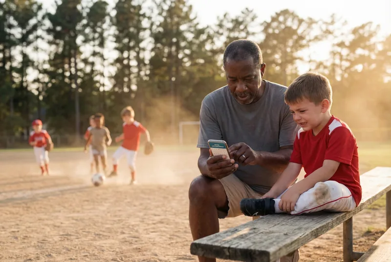 A father and son outdoors at a youth baseball game