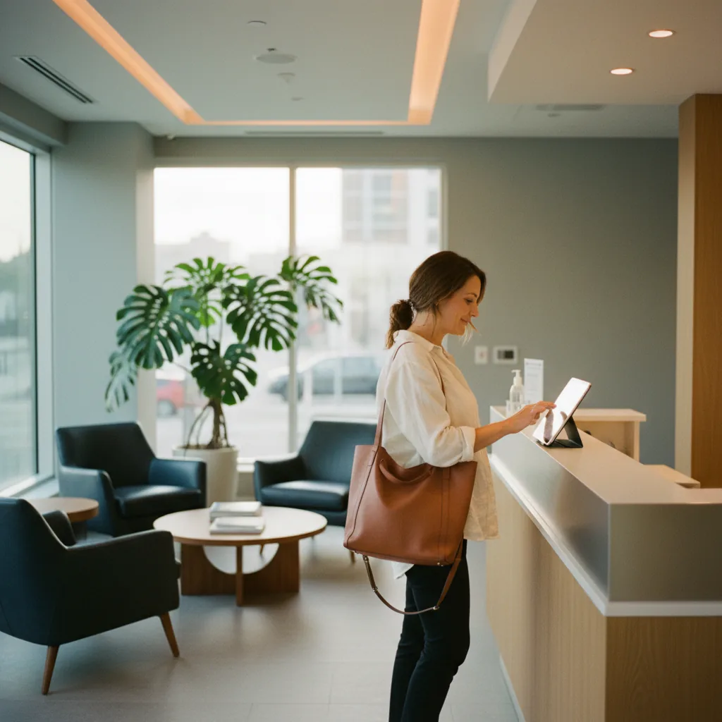 An AllCare team member checking in a patient on a tablet at the front desk
