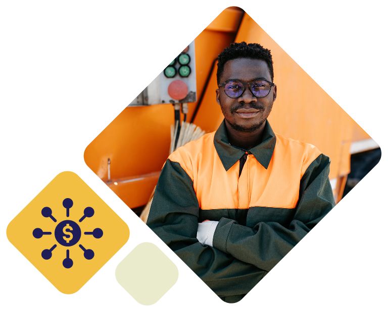 Public service worker in front of orange garbage truck