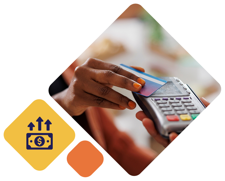Manicured hand using credit card tap to pay