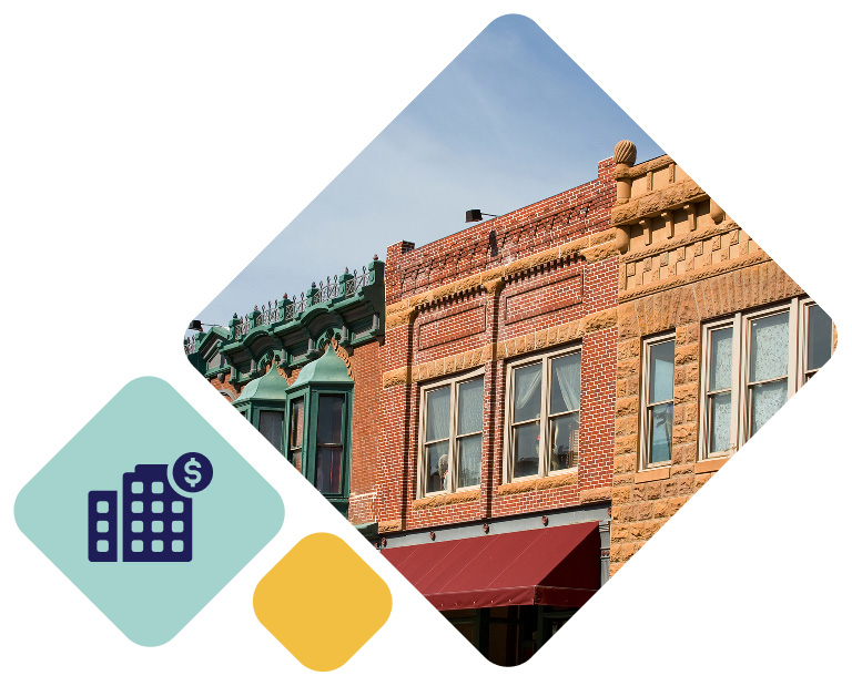 Main street buildings with brick facade