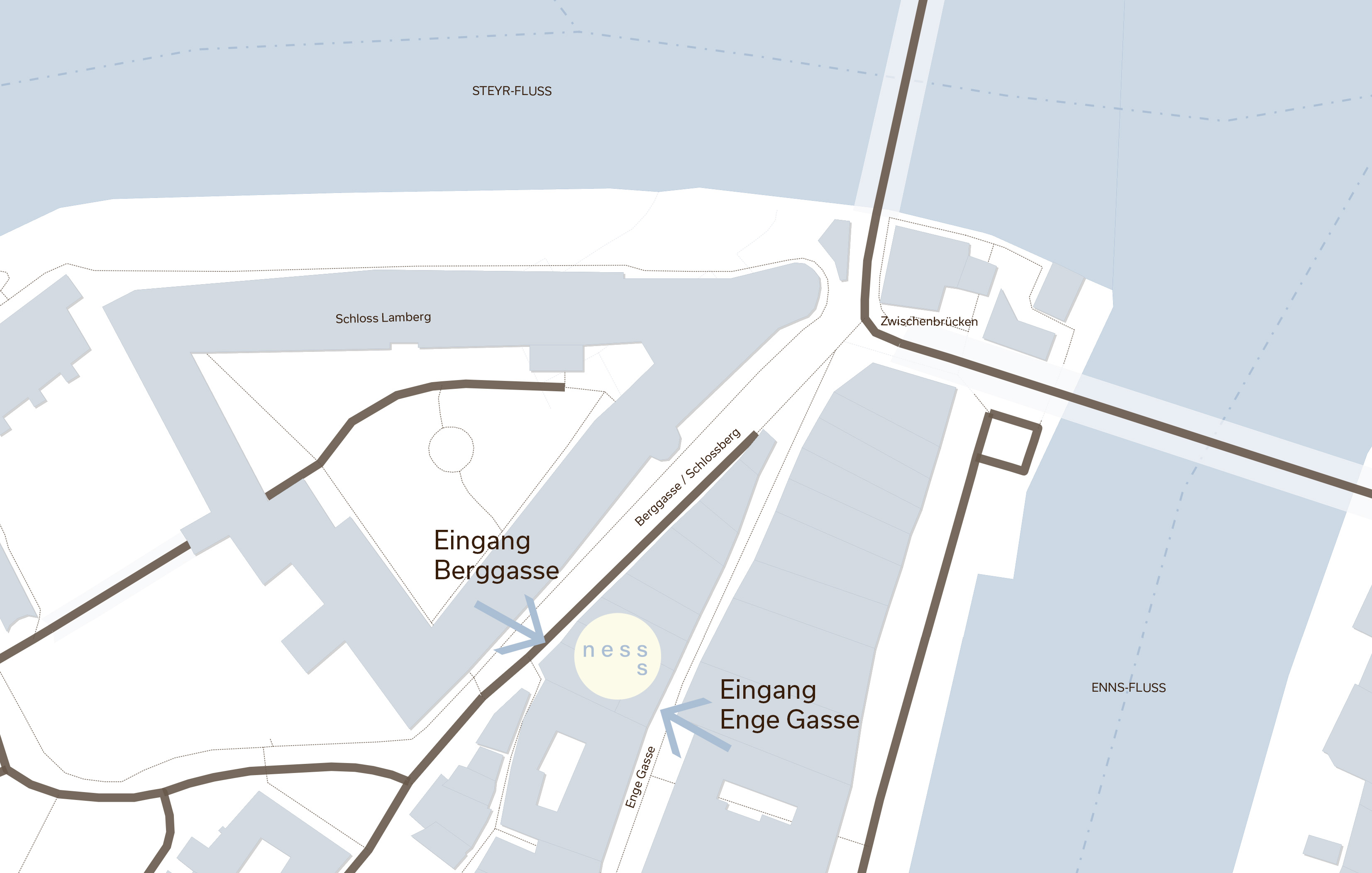 Map showing Schloss Lamberg, Steyr-Fluss and Enns-Fluss rivers with entrances marked Berggasse and Enge Gasse.