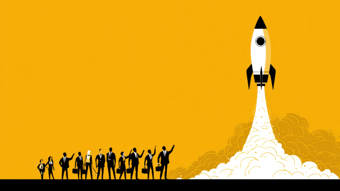 Group of employees watching the take off of a rocket ship