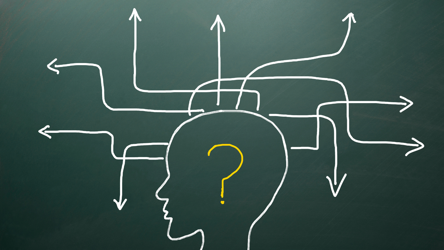 A person's mind with a question mark with multiple lines going different directions